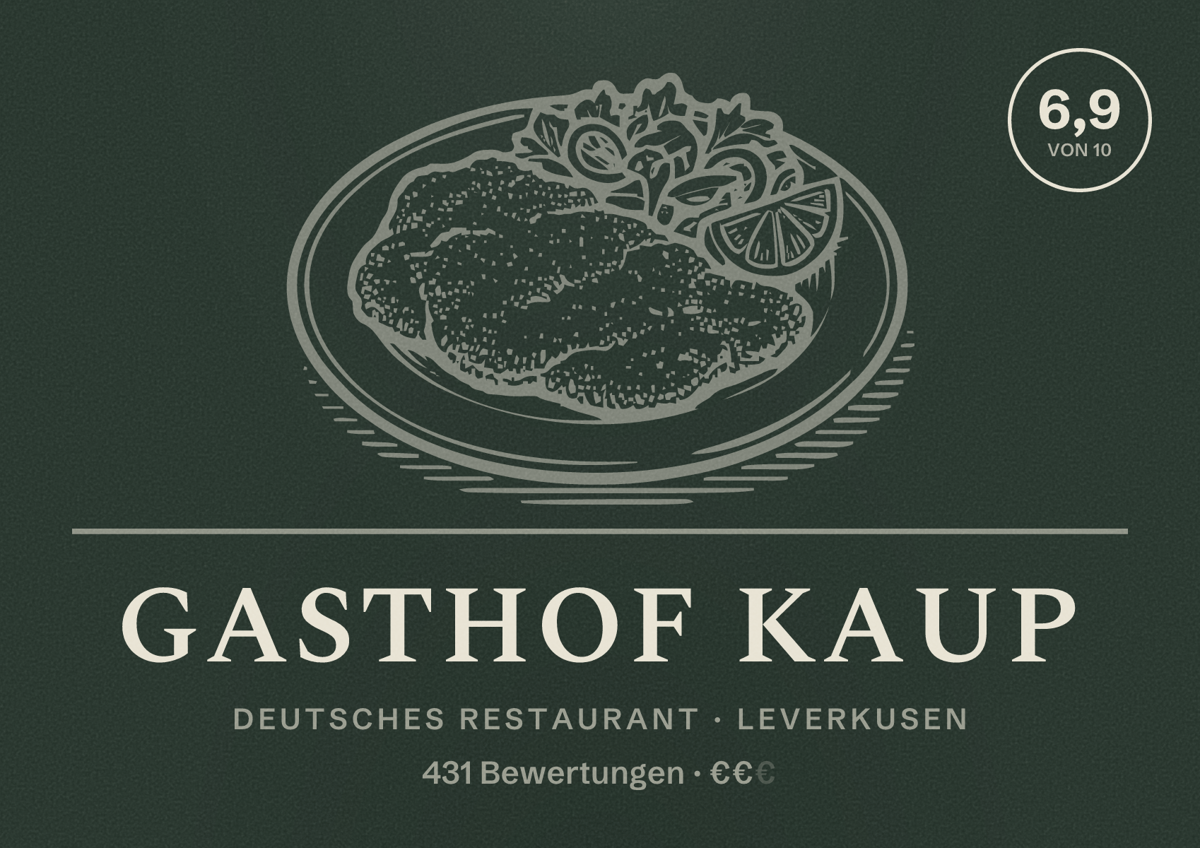 Illustriertes Poster von Gasthof Kaup, Deutsches Restaurant in Leverkusen: Bewertung 6,9 von 10 aus 431 Bewertungen, Preisniveau €€