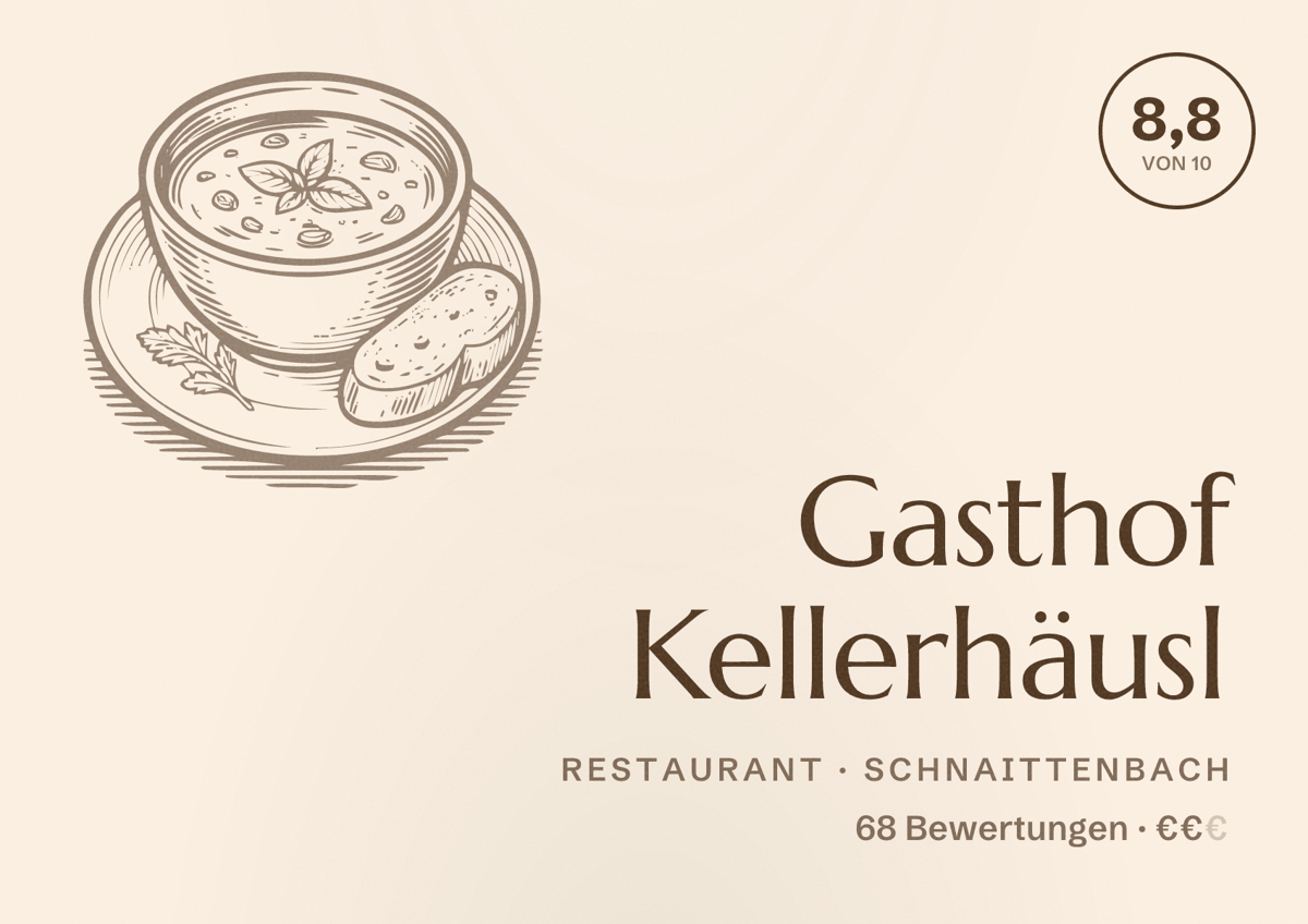 Illustriertes Poster von Gasthof Kellerhäusl, Restaurant in Schnaittenbach: Bewertung 8,8 von 10 aus 68 Bewertungen, Preisniveau €€