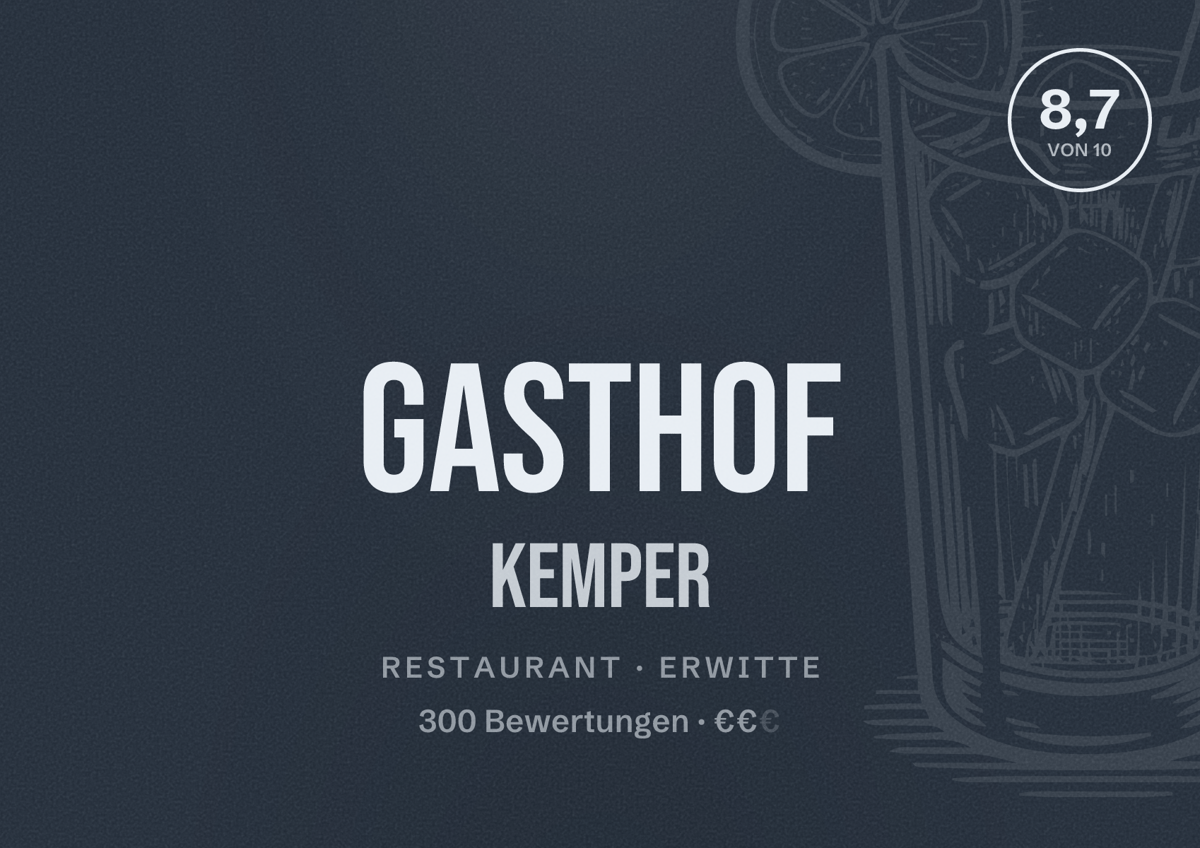 Illustriertes Poster von Gasthof Kemper, Restaurant in Erwitte: Bewertung 8,7 von 10 aus 300 Bewertungen, Preisniveau €€
