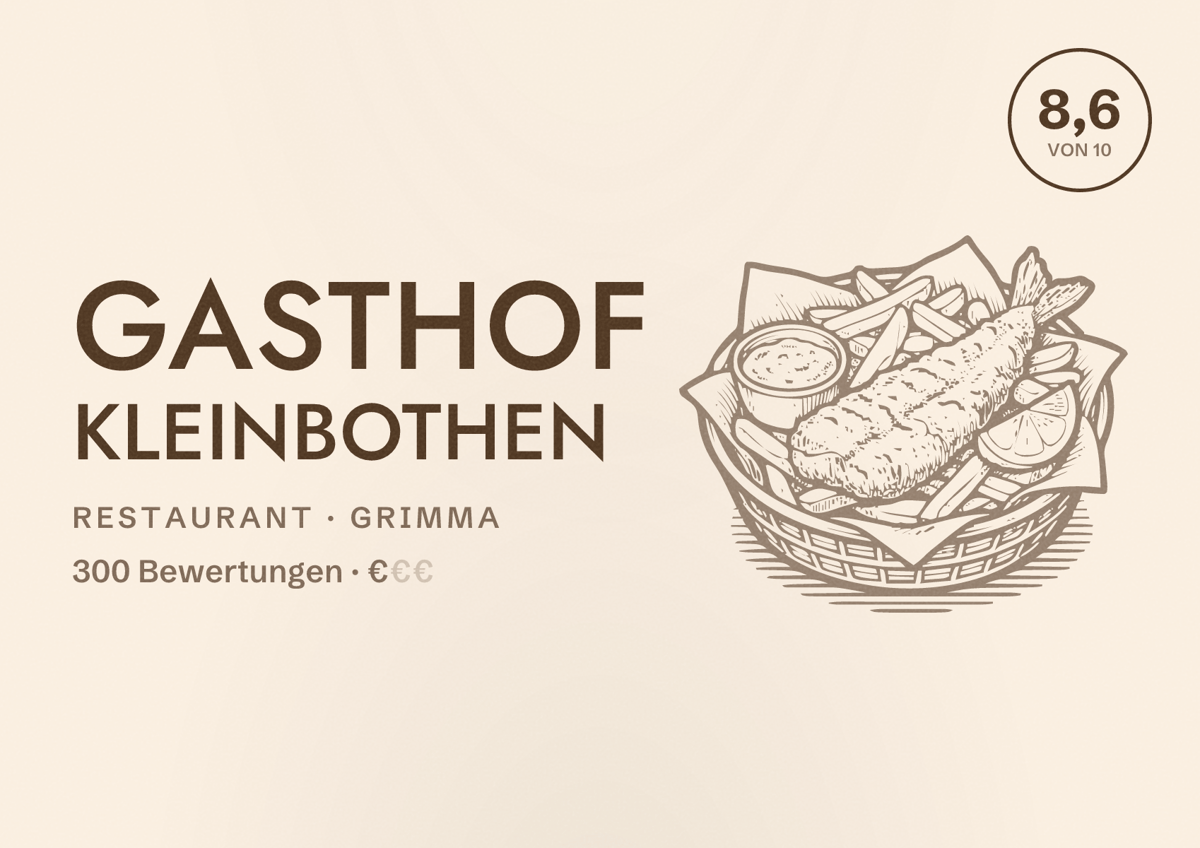 Illustriertes Poster von Gasthof Kleinbothen, Restaurant in Grimma: Bewertung 8,6 von 10 aus 300 Bewertungen, Preisniveau €