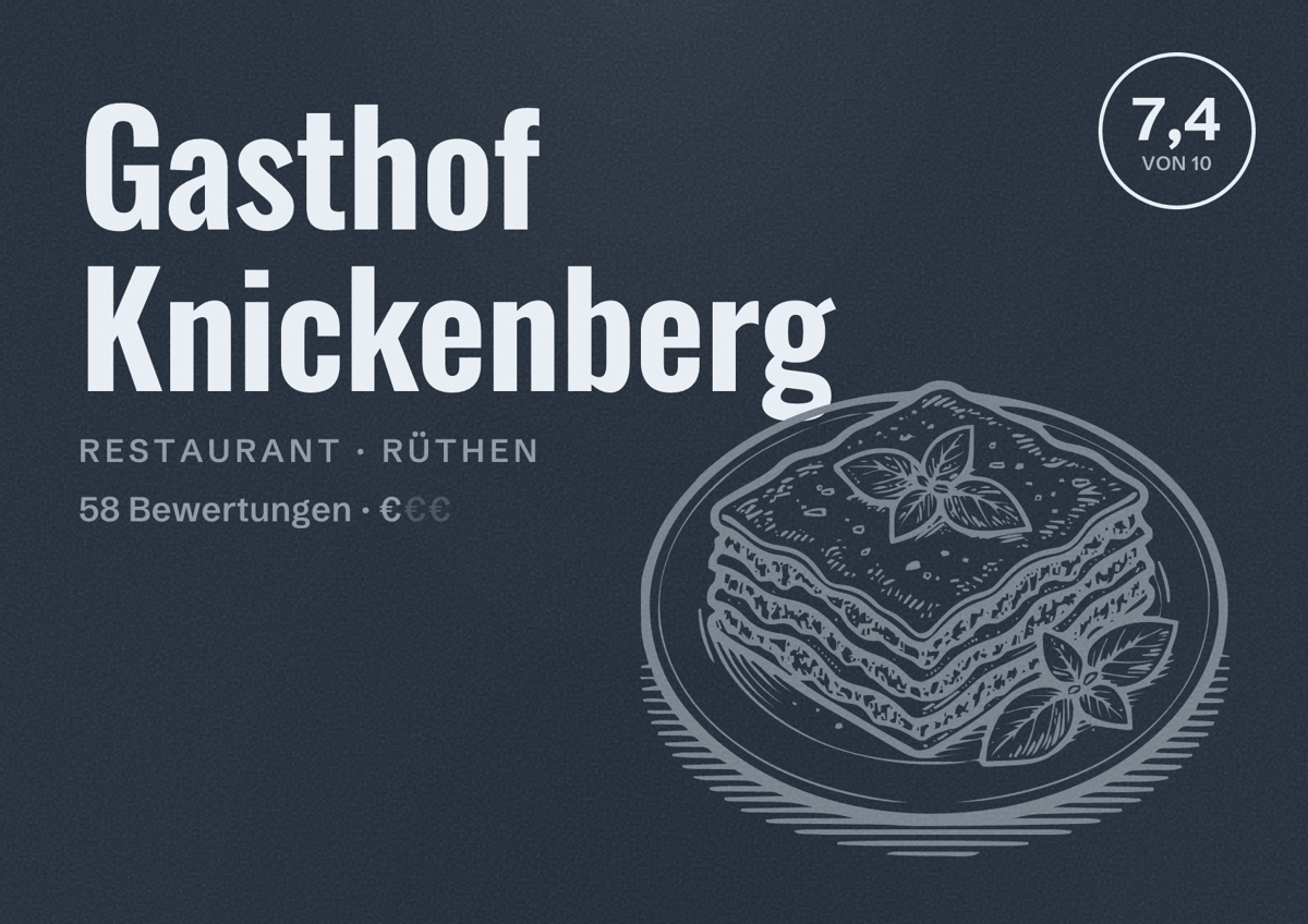 Illustriertes Poster von Gasthof Knickenberg, Restaurant in Rüthen: Bewertung 7,4 von 10 aus 58 Bewertungen, Preisniveau €