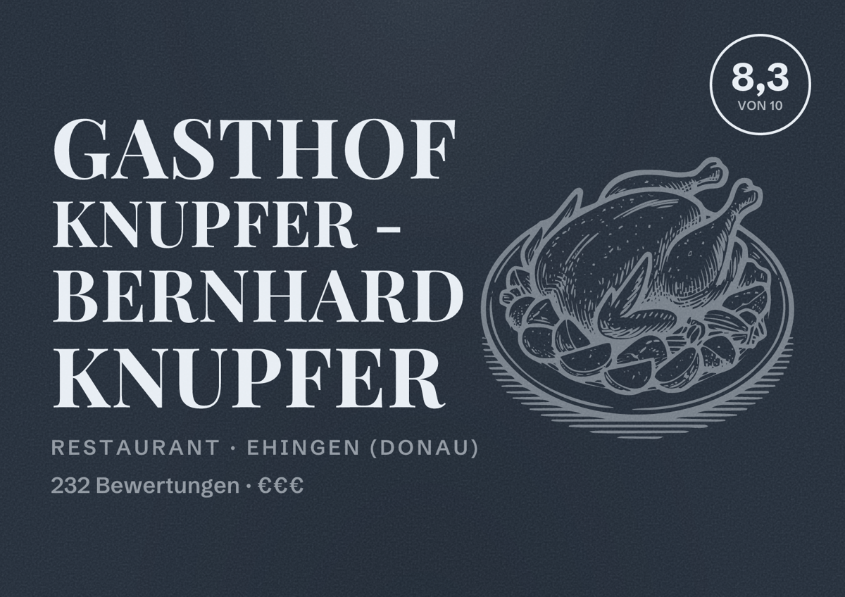 Illustriertes Poster von Gasthof Knupfer - Bernhard Knupfer, Restaurant in Ehingen (Donau): Bewertung 8,3 von 10 aus 232 Bewertungen, Preisniveau €€€