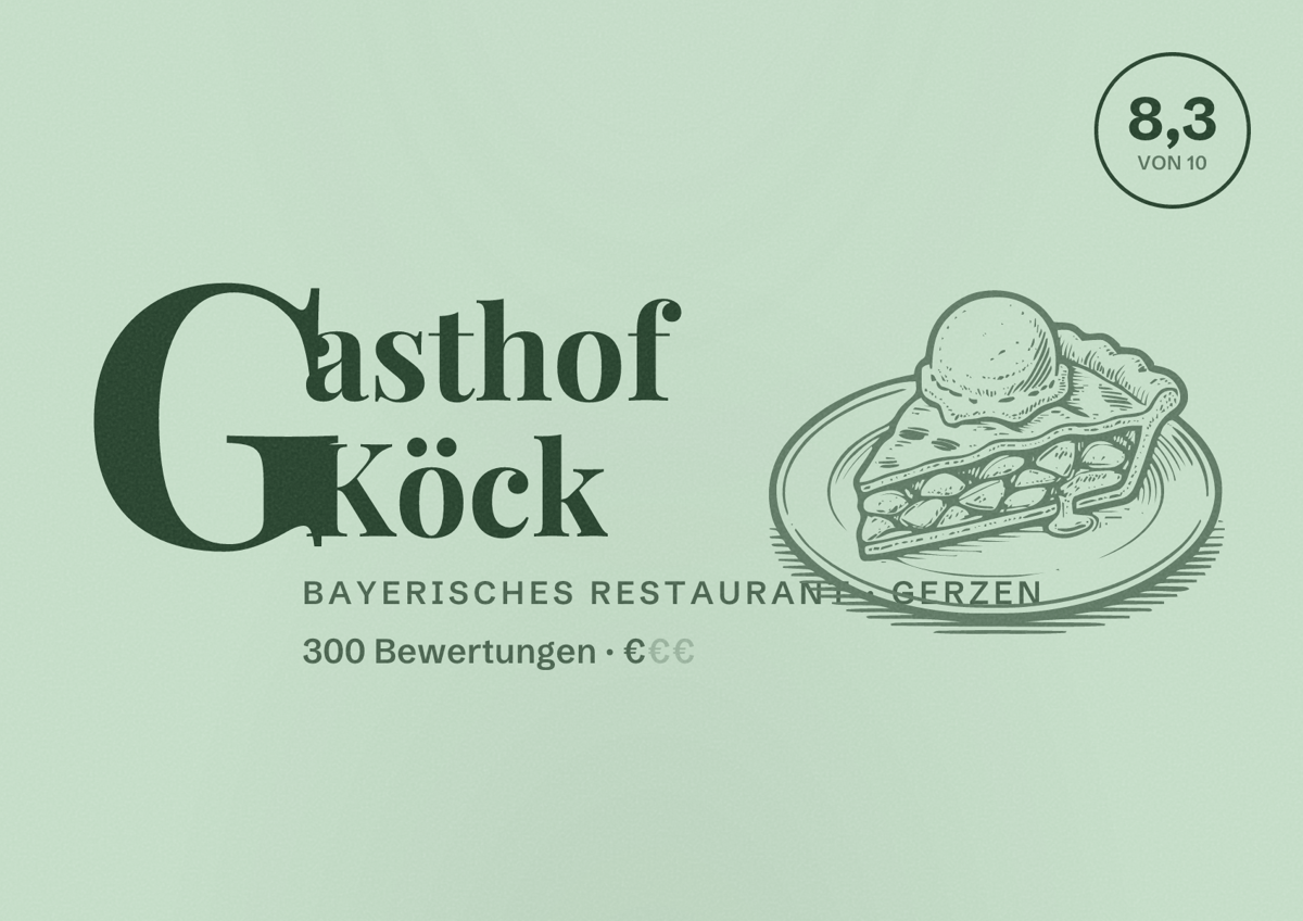 Illustriertes Poster von Gasthof Köck, Bayerisches Restaurant in Gerzen: Bewertung 8,3 von 10 aus 300 Bewertungen, Preisniveau €