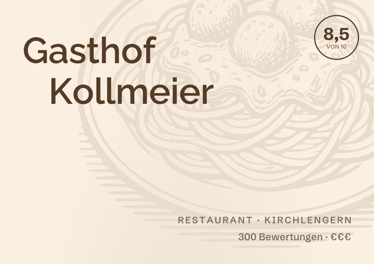 Illustriertes Poster von Gasthof Kollmeier, Restaurant in Kirchlengern: Bewertung 8,5 von 10 aus 300 Bewertungen, Preisniveau €€€