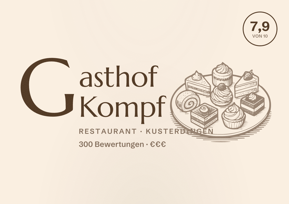 Illustriertes Poster von Gasthof Kompf, Restaurant in Kusterdingen: Bewertung 7,9 von 10 aus 300 Bewertungen, Preisniveau €€€