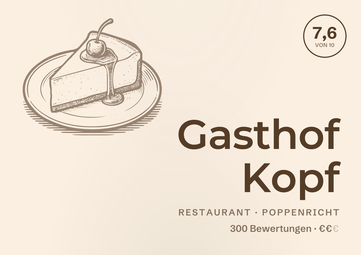Illustriertes Poster von Gasthof Kopf, Restaurant in Poppenricht: Bewertung 7,6 von 10 aus 300 Bewertungen, Preisniveau €€