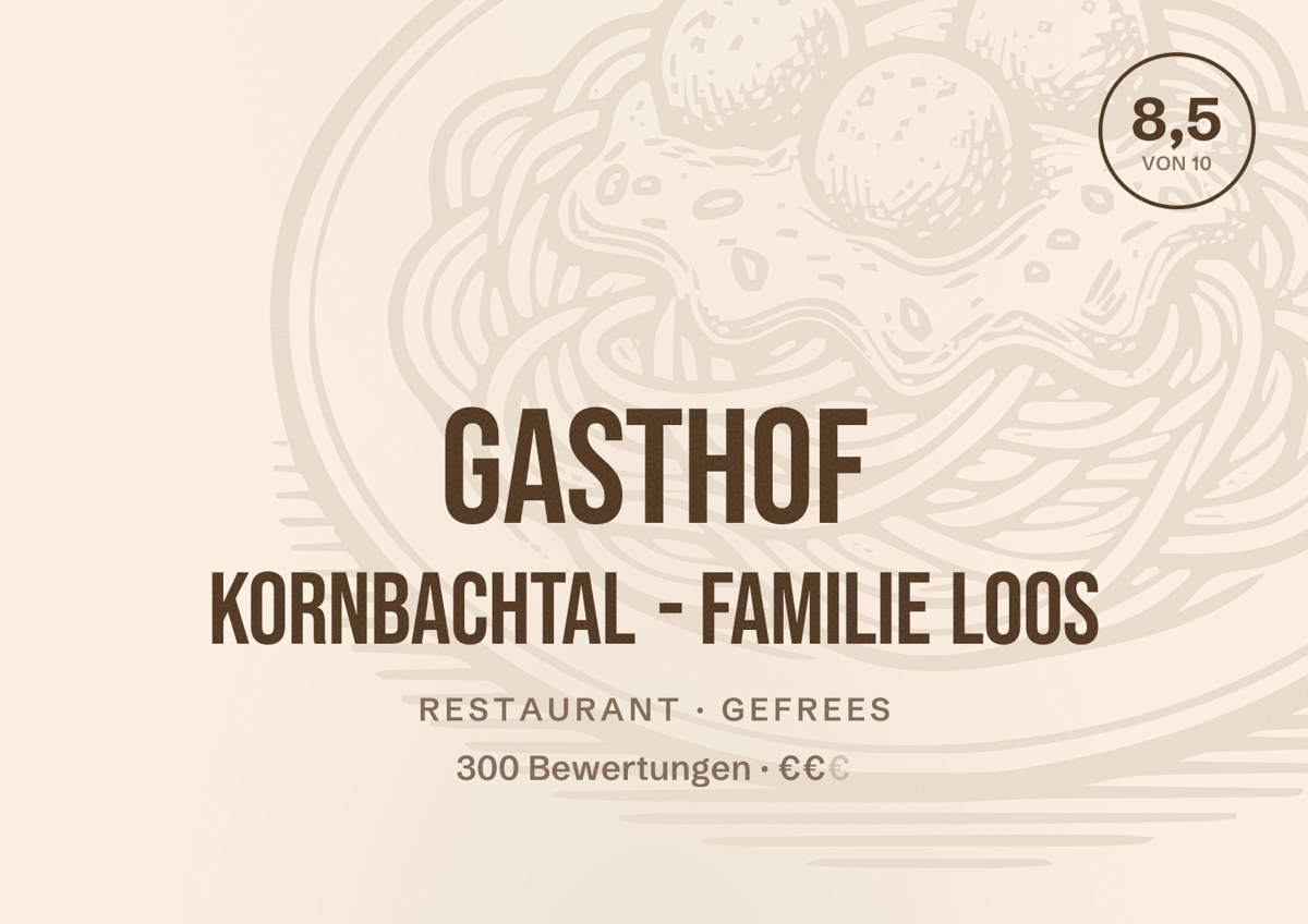 Illustriertes Poster von Gasthof Kornbachtal - Familie Loos, Restaurant in Gefrees: Bewertung 8,5 von 10 aus 300 Bewertungen, Preisniveau €€