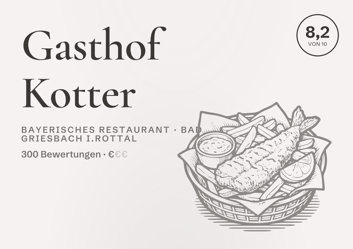 Illustriertes Poster von Gasthof Kotter, Bayerisches Restaurant in Bad Griesbach i.Rottal: Bewertung 8,2 von 10 aus 300 Bewertungen, Preisniveau €
