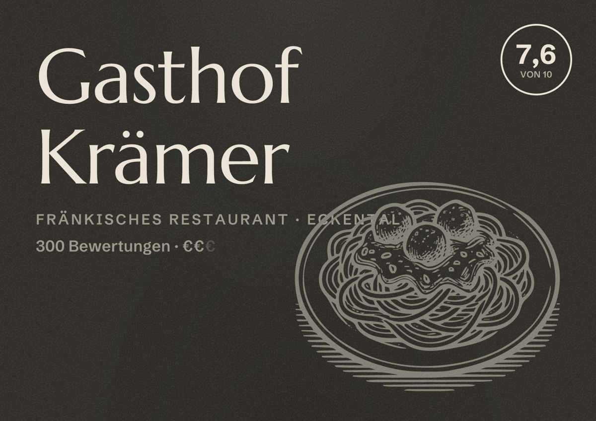 Illustriertes Poster von Gasthof Krämer, Fränkisches Restaurant in Eckental: Bewertung 7,6 von 10 aus 300 Bewertungen, Preisniveau €€