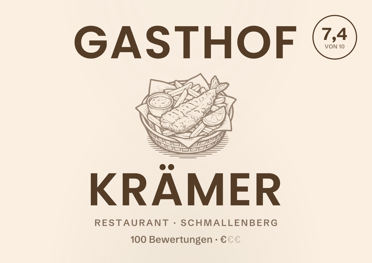 Illustriertes Poster von Gasthof Krämer, Restaurant in Schmallenberg: Bewertung 7,4 von 10 aus 100 Bewertungen, Preisniveau €