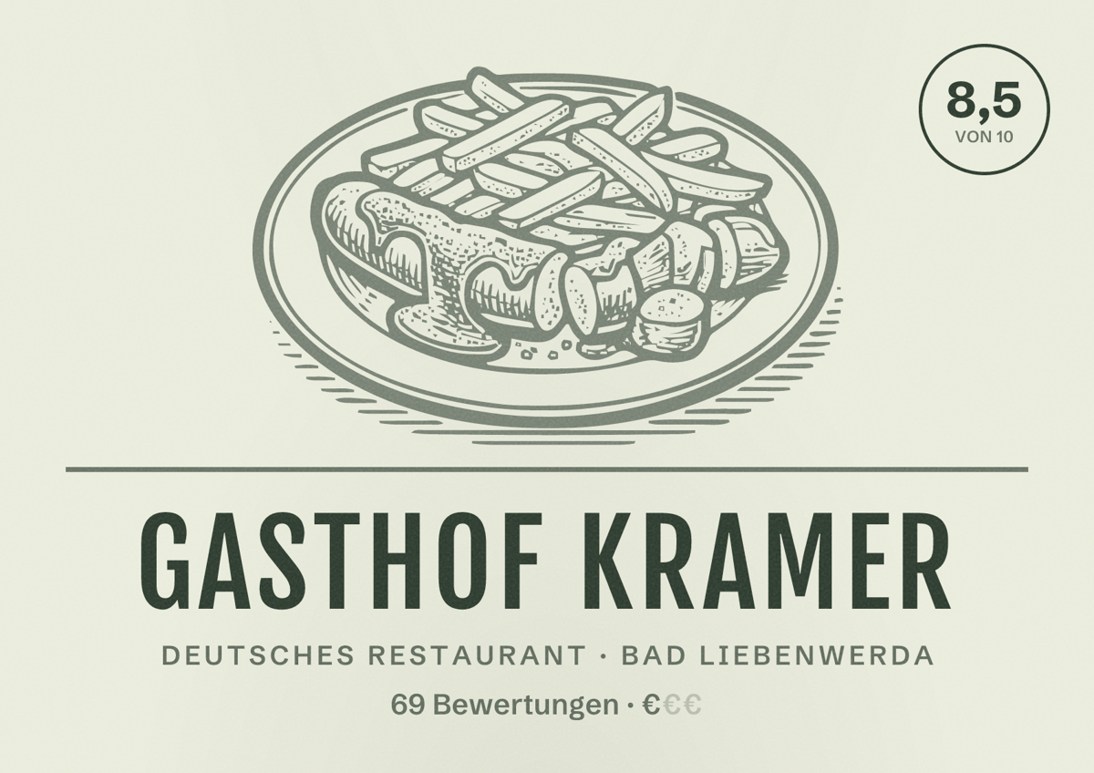 Illustriertes Poster von Gasthof Kramer, Deutsches Restaurant in Bad Liebenwerda: Bewertung 8,5 von 10 aus 69 Bewertungen, Preisniveau €