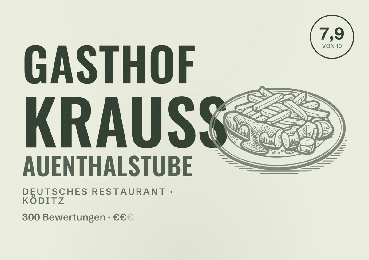 Illustriertes Poster von Gasthof Krauß Auenthalstube, Deutsches Restaurant in Köditz: Bewertung 7,9 von 10 aus 300 Bewertungen, Preisniveau €€