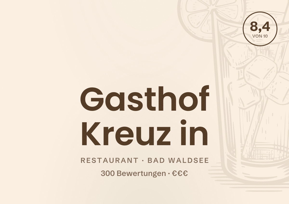 Illustriertes Poster von Gasthof Kreuz in, Restaurant in Bad Waldsee: Bewertung 8,4 von 10 aus 300 Bewertungen, Preisniveau €€€