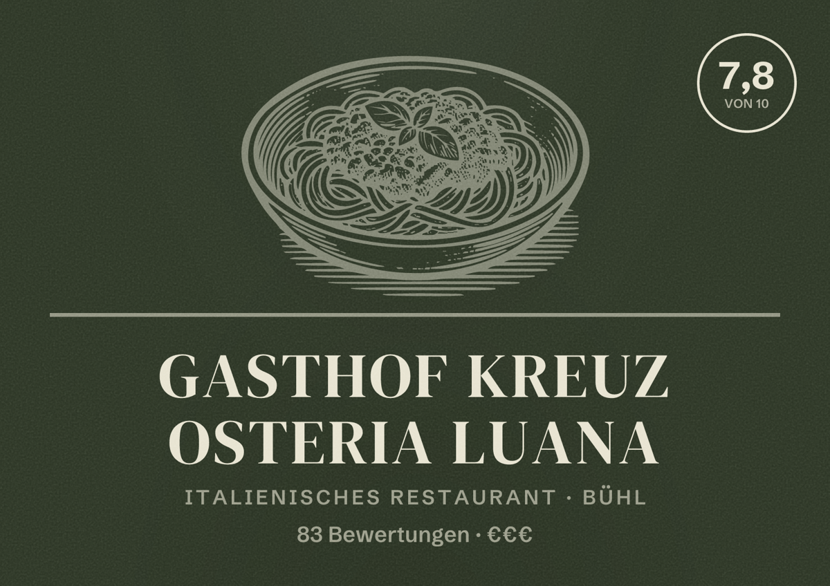 Illustriertes Poster von Gasthof Kreuz Osteria Luana, Italienisches Restaurant in Bühl: Bewertung 7,8 von 10 aus 83 Bewertungen, Preisniveau €€€