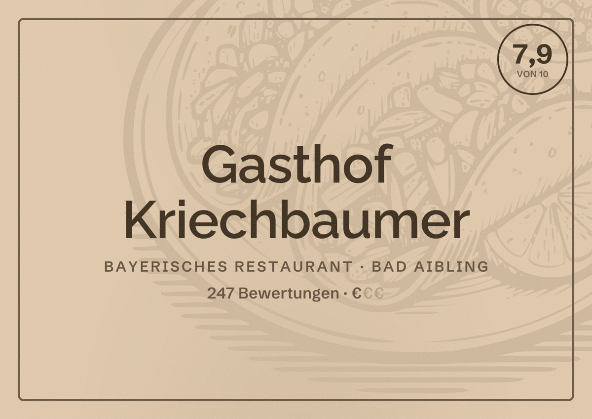 Illustriertes Poster von Gasthof Kriechbaumer, Bayerisches Restaurant in Bad Aibling: Bewertung 7,9 von 10 aus 247 Bewertungen, Preisniveau €