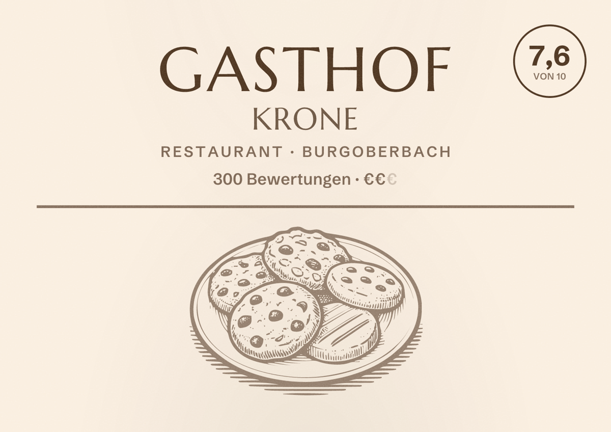 Illustriertes Poster von Gasthof Krone, Restaurant in Burgoberbach: Bewertung 7,6 von 10 aus 300 Bewertungen, Preisniveau €€