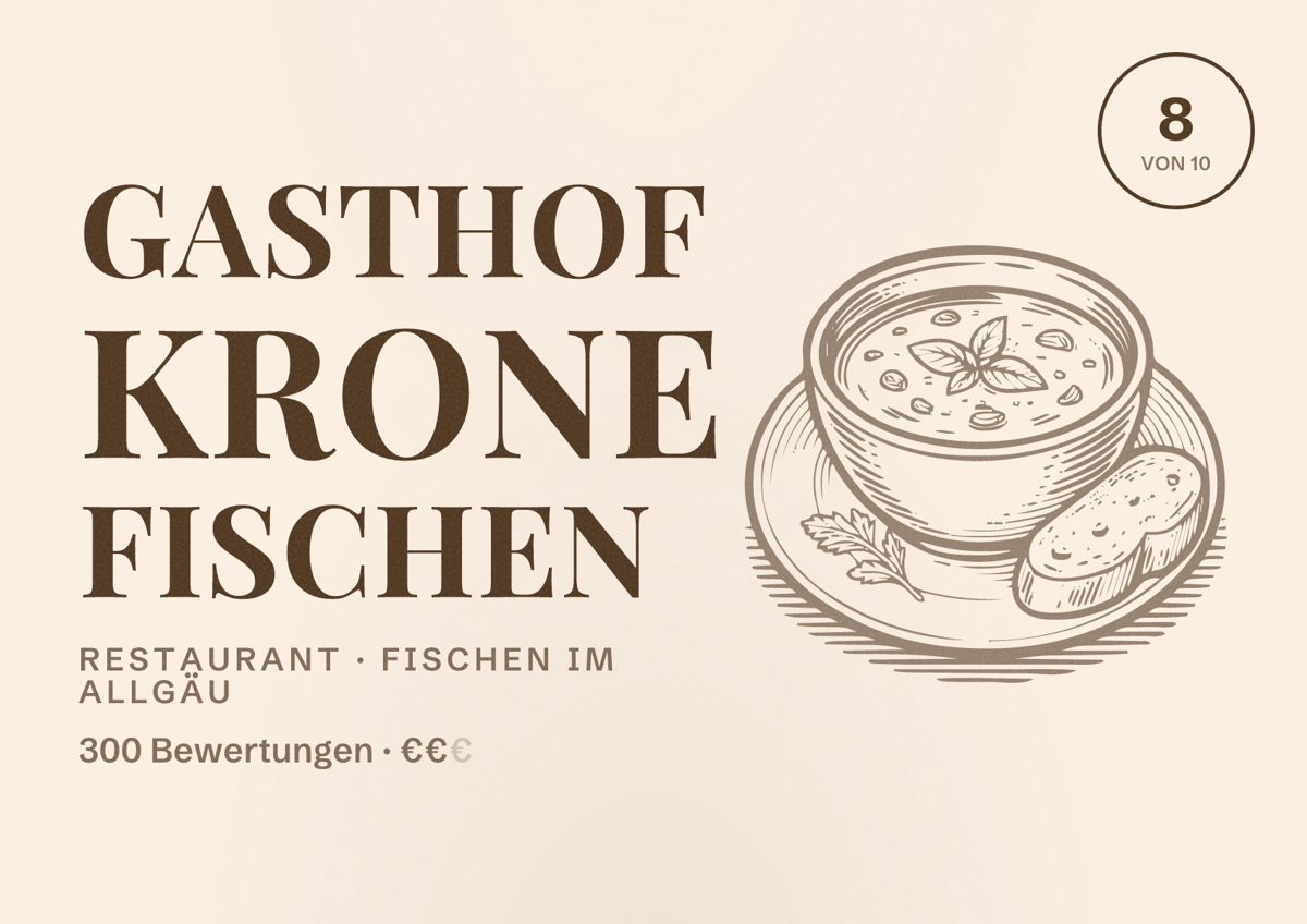 Illustriertes Poster von Gasthof Krone Fischen, Restaurant in Fischen im Allgäu: Bewertung 8 von 10 aus 300 Bewertungen, Preisniveau €€