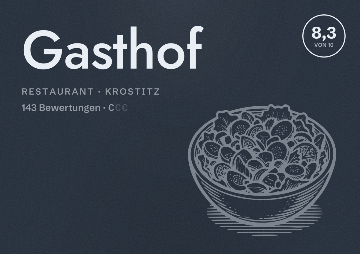 Illustriertes Poster von Gasthof, Restaurant in Krostitz: Bewertung 8,3 von 10 aus 143 Bewertungen, Preisniveau €