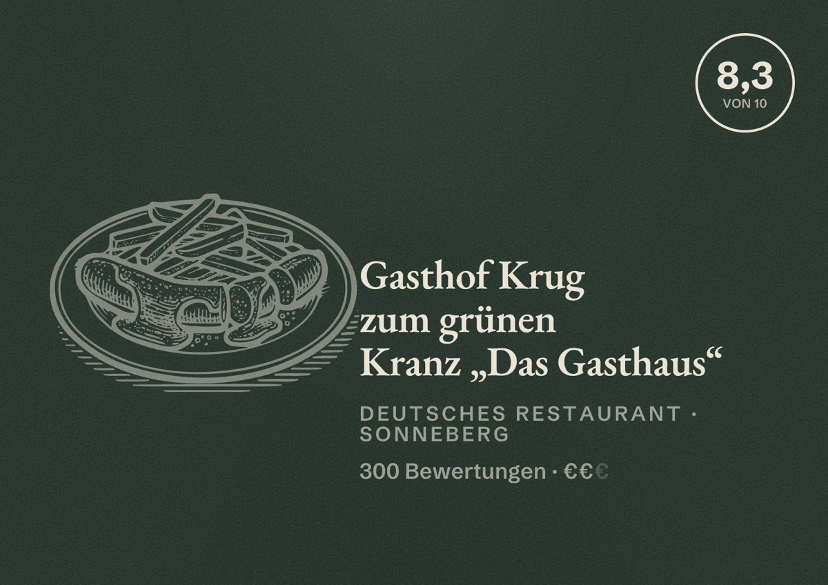 Illustriertes Poster von Gasthof Krug zum grünen Kranz „Das Gasthaus“, Deutsches Restaurant in Sonneberg: Bewertung 8,3 von 10 aus 300 Bewertungen, Preisniveau €€