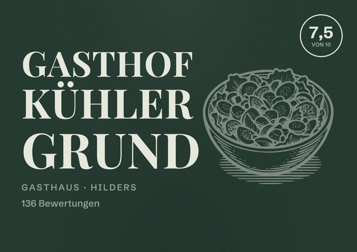 Illustriertes Poster von Gasthof Kühler Grund, Gasthaus in Hilders: Bewertung 7,5 von 10 aus 136 Bewertungen