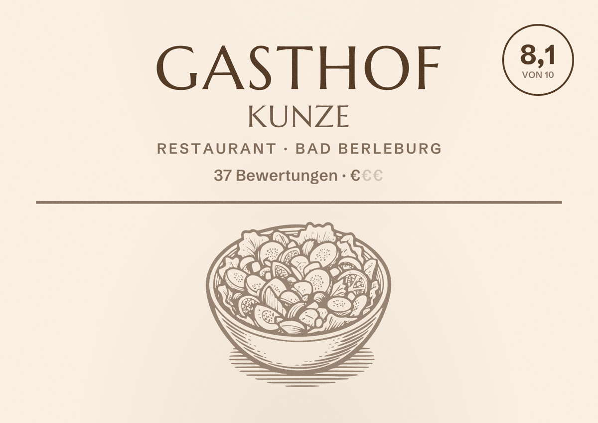Illustriertes Poster von Gasthof Kunze, Restaurant in Bad Berleburg: Bewertung 8,1 von 10 aus 37 Bewertungen, Preisniveau €