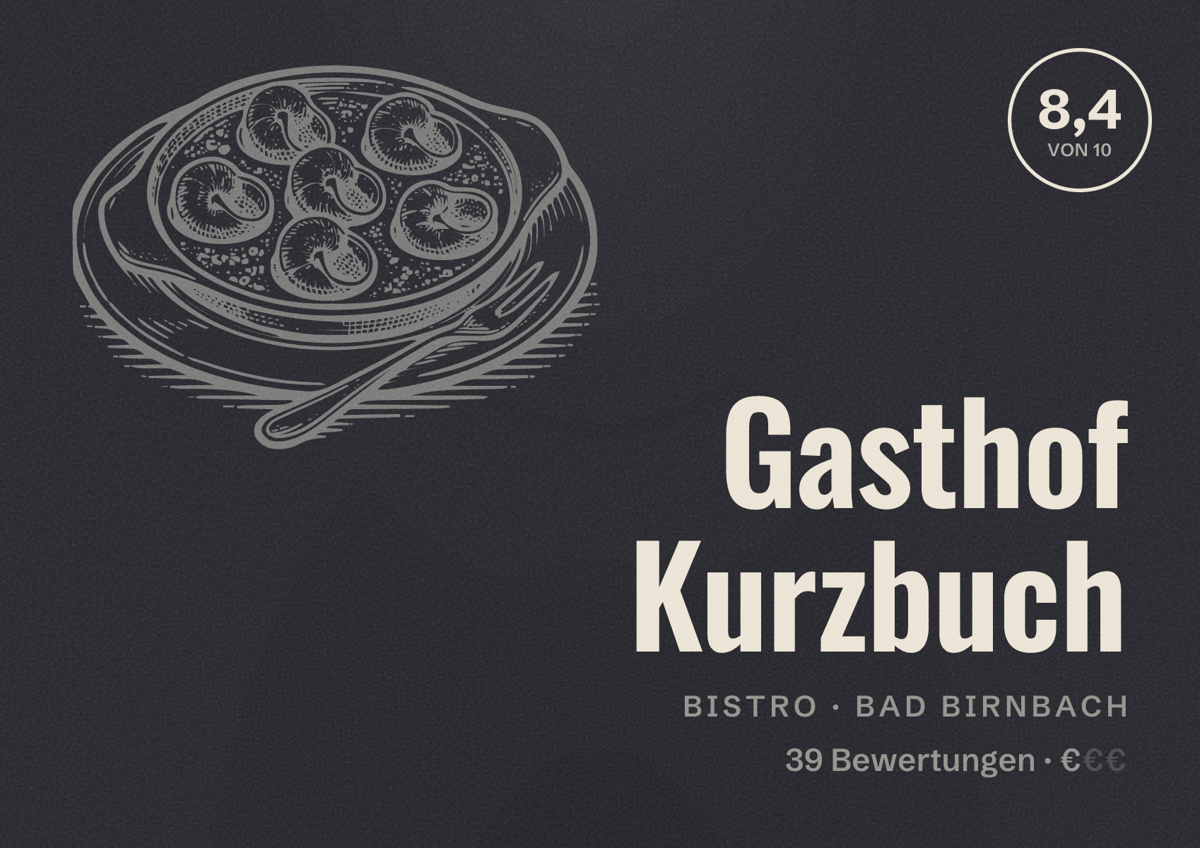 Illustriertes Poster von Gasthof Kurzbuch, Bistro in Bad Birnbach: Bewertung 8,4 von 10 aus 39 Bewertungen, Preisniveau €