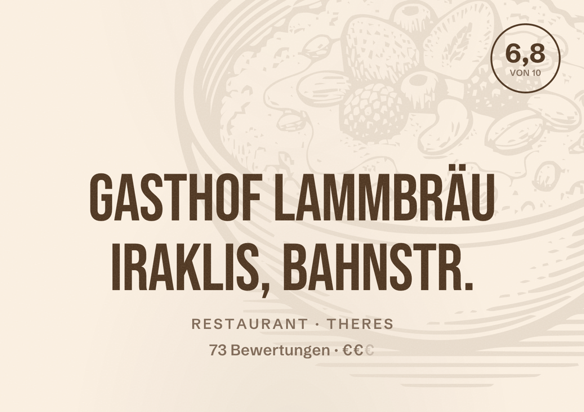Illustriertes Poster von Gasthof Lammbräu Iraklis, Bahnstr., Restaurant in Theres: Bewertung 6,8 von 10 aus 73 Bewertungen, Preisniveau €€