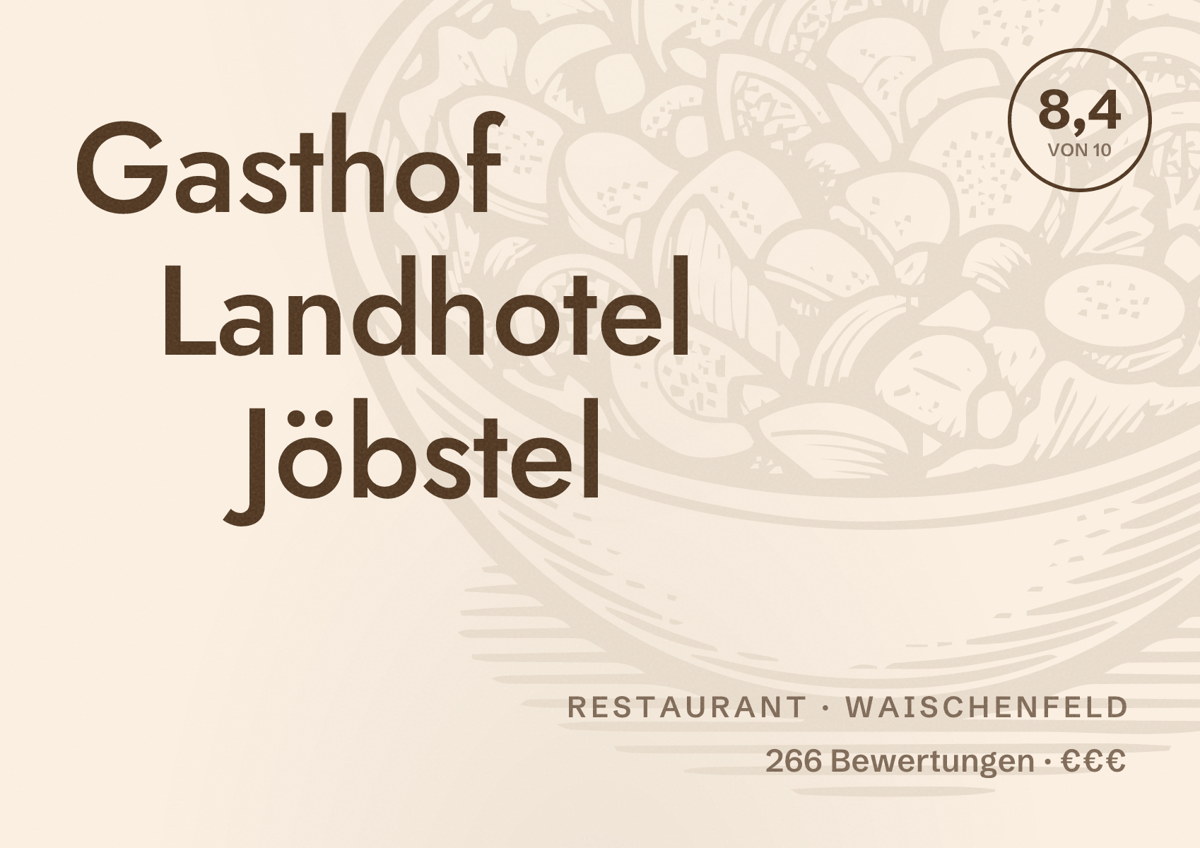 Illustriertes Poster von Gasthof Landhotel Jöbstel, Restaurant in Waischenfeld: Bewertung 8,4 von 10 aus 266 Bewertungen, Preisniveau €€€