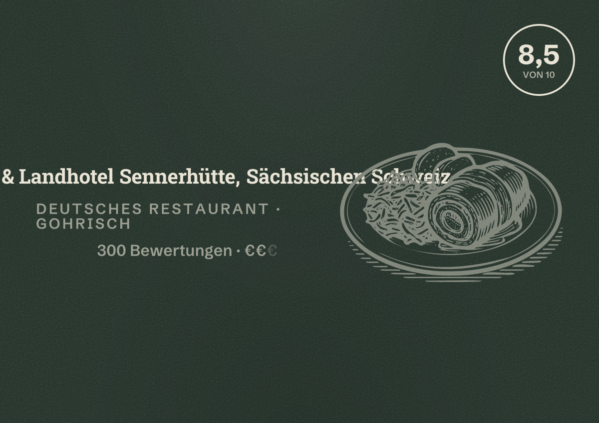 Illustriertes Poster von Gasthof & Landhotel Sennerhütte, Sächsischen Schweiz, Deutsches Restaurant in Gohrisch: Bewertung 8,5 von 10 aus 300 Bewertungen, Preisniveau €€