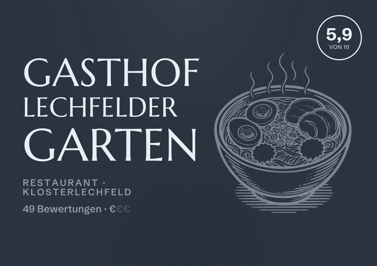 Illustriertes Poster von Gasthof Lechfelder Garten, Restaurant in Klosterlechfeld: Bewertung 5,9 von 10 aus 49 Bewertungen, Preisniveau €