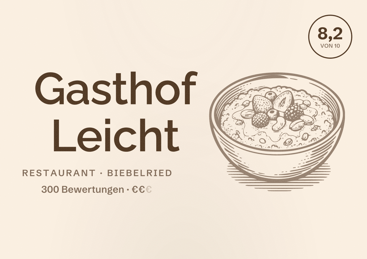 Illustriertes Poster von Gasthof Leicht, Restaurant in Biebelried: Bewertung 8,2 von 10 aus 300 Bewertungen, Preisniveau €€