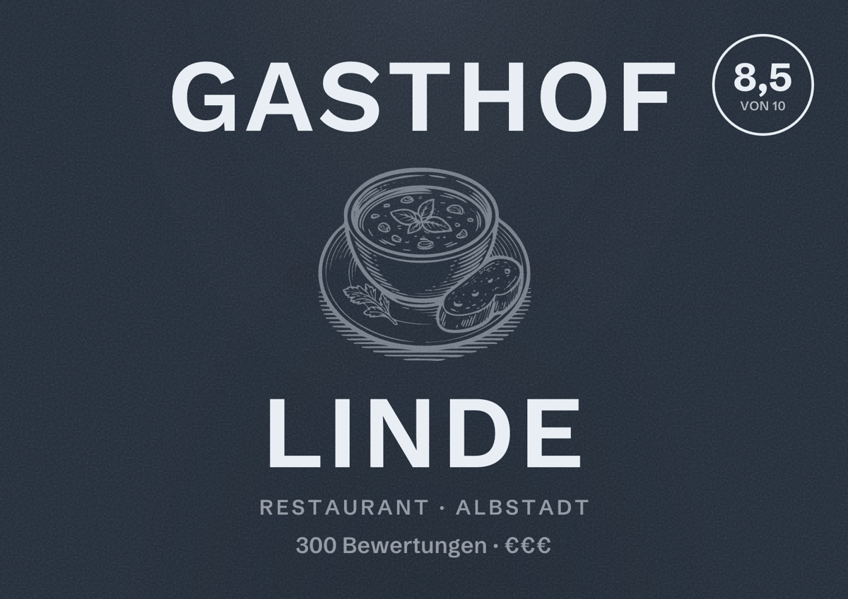 Illustriertes Poster von Gasthof Linde, Restaurant in Albstadt: Bewertung 8,5 von 10 aus 300 Bewertungen, Preisniveau €€€