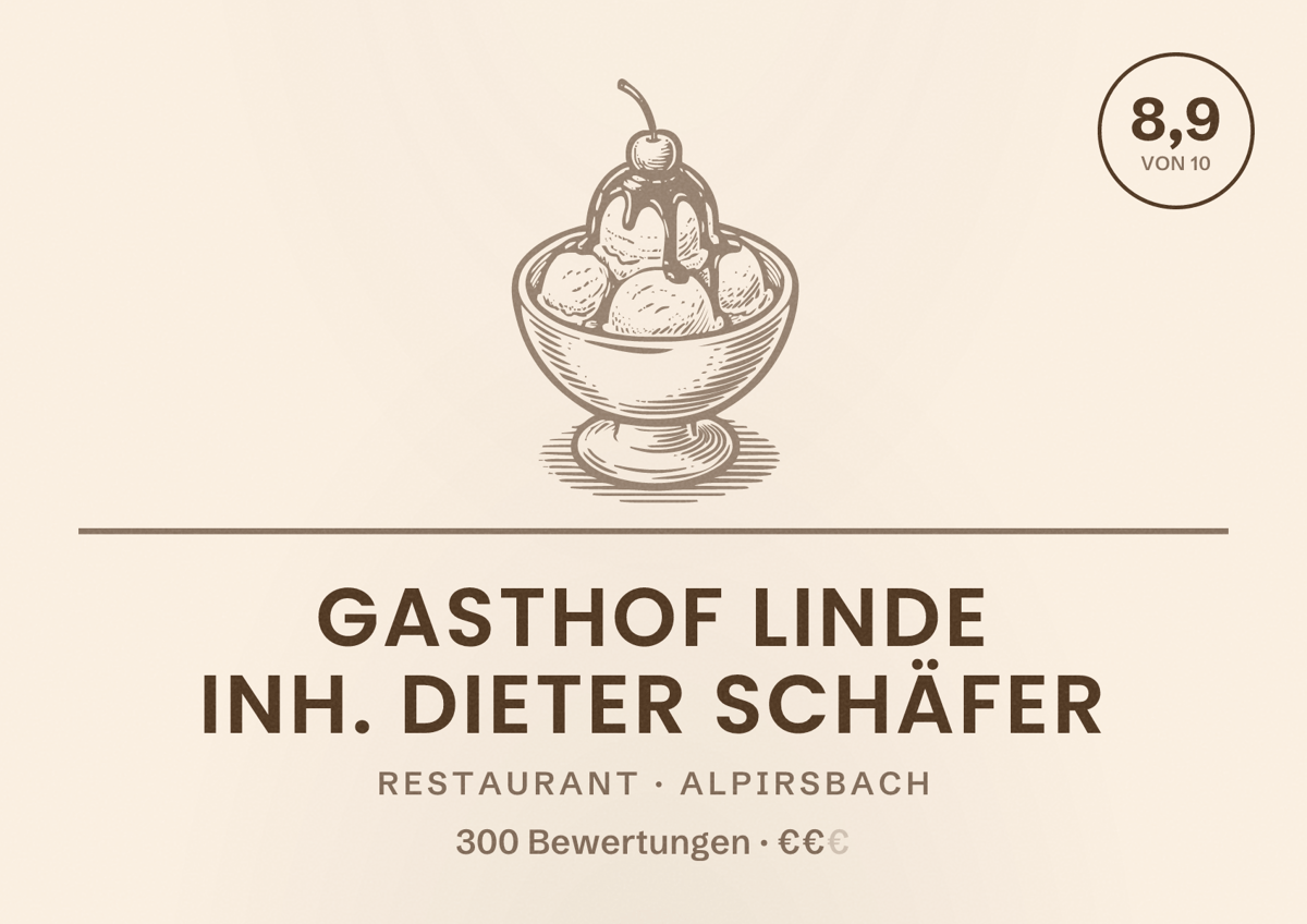 Illustriertes Poster von Gasthof Linde Inh. Dieter Schäfer, Restaurant in Alpirsbach: Bewertung 8,9 von 10 aus 300 Bewertungen, Preisniveau €€