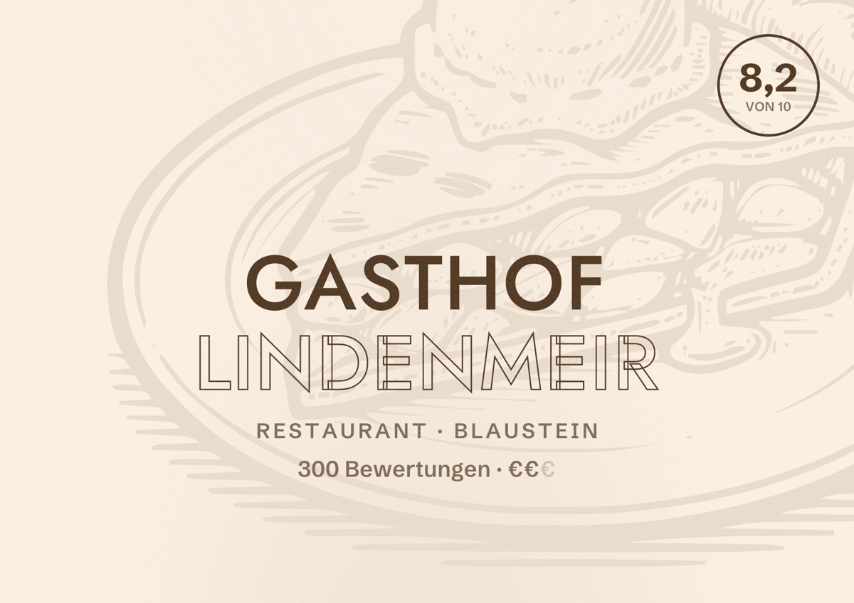 Illustriertes Poster von Gasthof Lindenmeir, Restaurant in Blaustein: Bewertung 8,2 von 10 aus 300 Bewertungen, Preisniveau €€