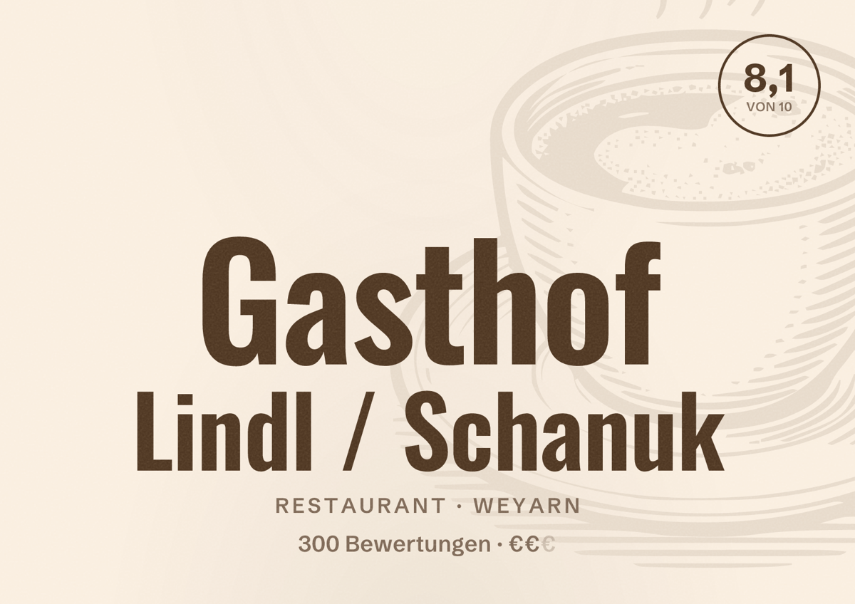 Illustriertes Poster von Gasthof Lindl / Schanuk, Restaurant in Weyarn: Bewertung 8,1 von 10 aus 300 Bewertungen, Preisniveau €€