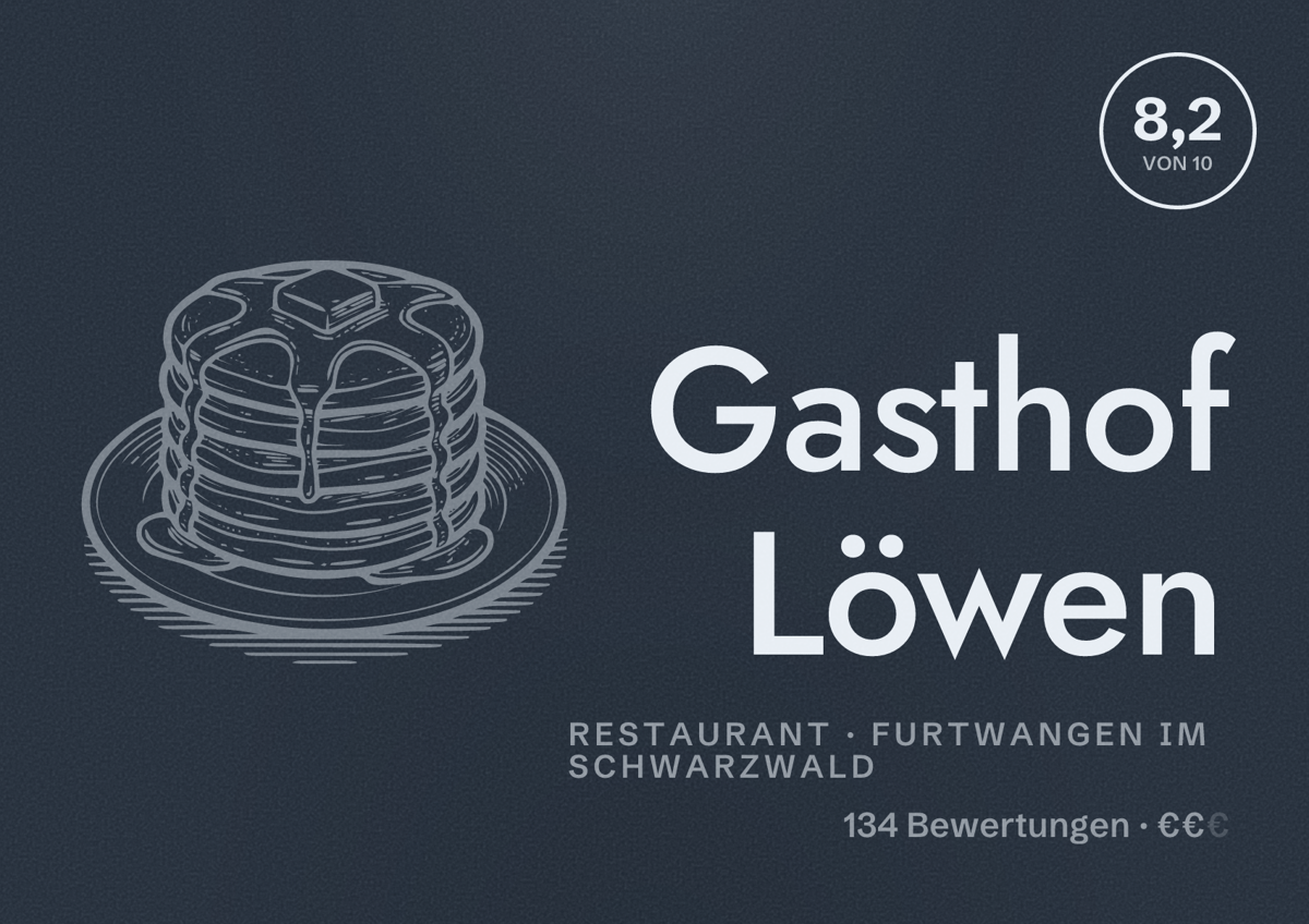Illustriertes Poster von Gasthof Löwen, Restaurant in Furtwangen im Schwarzwald: Bewertung 8,2 von 10 aus 134 Bewertungen, Preisniveau €€