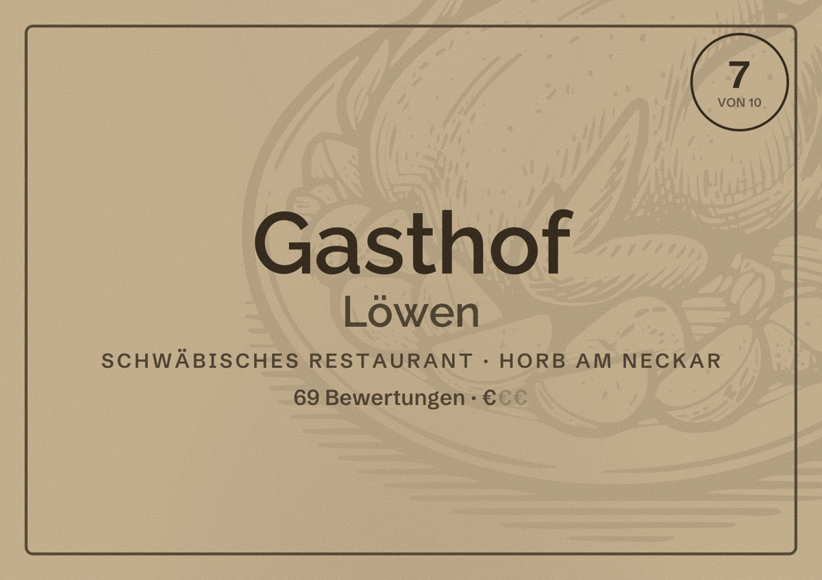 Illustriertes Poster von Gasthof Löwen, Schwäbisches Restaurant in Horb am Neckar: Bewertung 7 von 10 aus 69 Bewertungen, Preisniveau €