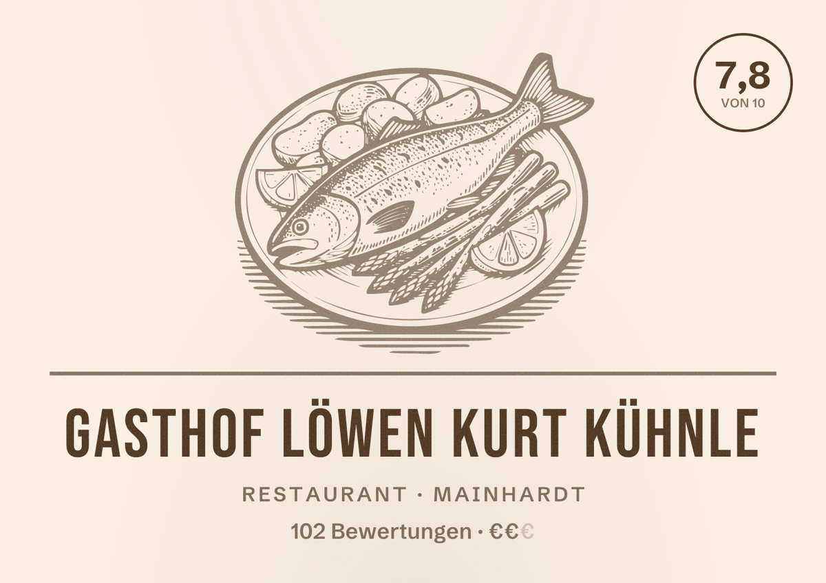 Illustriertes Poster von Gasthof Löwen Kurt Kühnle, Restaurant in Mainhardt: Bewertung 7,8 von 10 aus 102 Bewertungen, Preisniveau €€