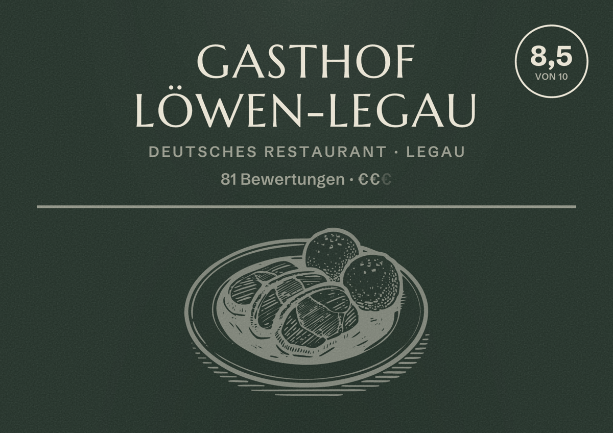 Illustriertes Poster von Gasthof Löwen-Legau, Deutsches Restaurant in Legau: Bewertung 8,5 von 10 aus 81 Bewertungen, Preisniveau €€