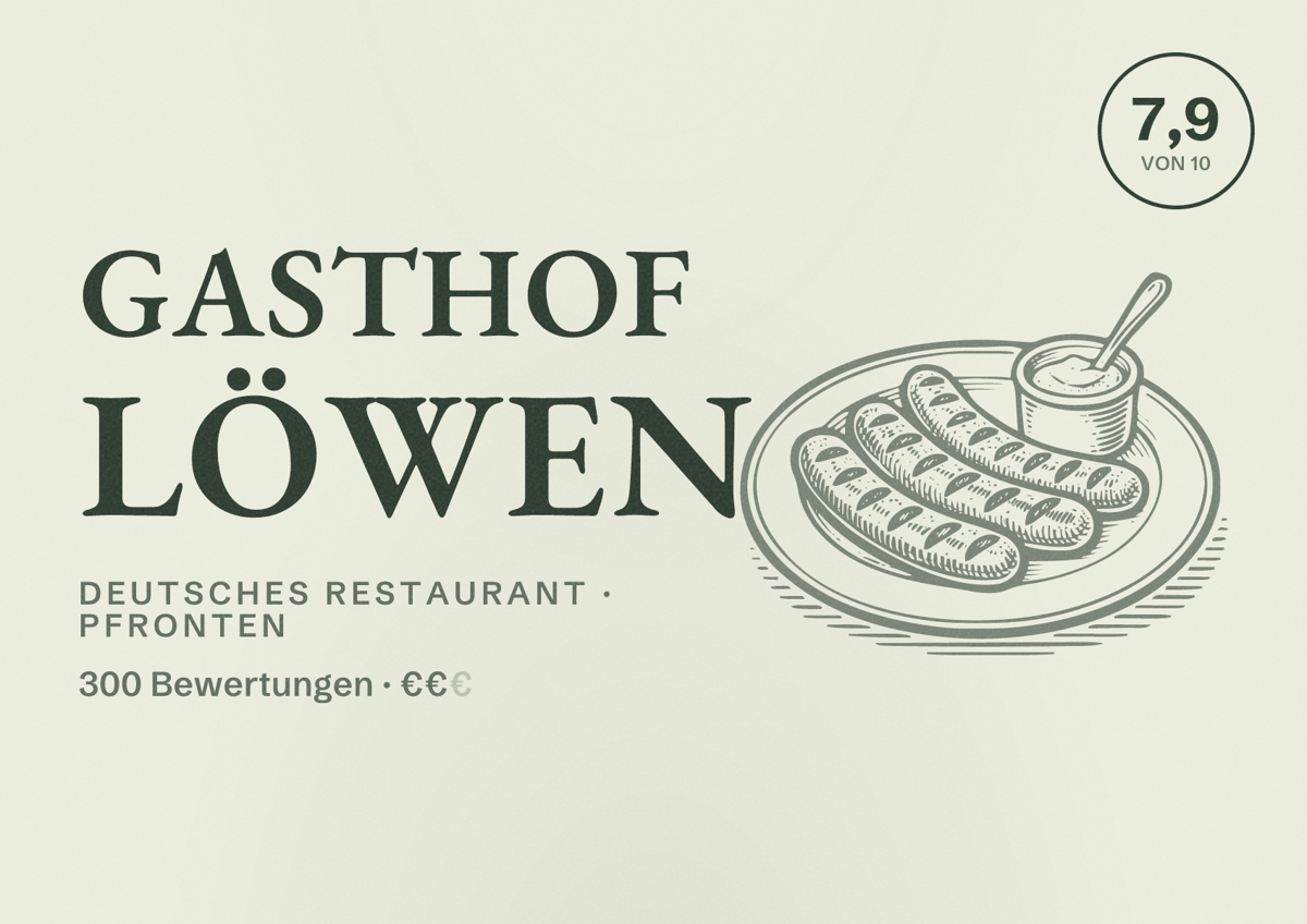 Illustriertes Poster von Gasthof Löwen, Deutsches Restaurant in Pfronten: Bewertung 7,9 von 10 aus 300 Bewertungen, Preisniveau €€