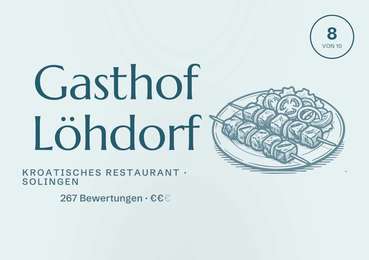 Illustriertes Poster von Gasthof Löhdorf, Kroatisches Restaurant in Solingen: Bewertung 8,0 von 10 aus 267 Bewertungen, Preisniveau €€