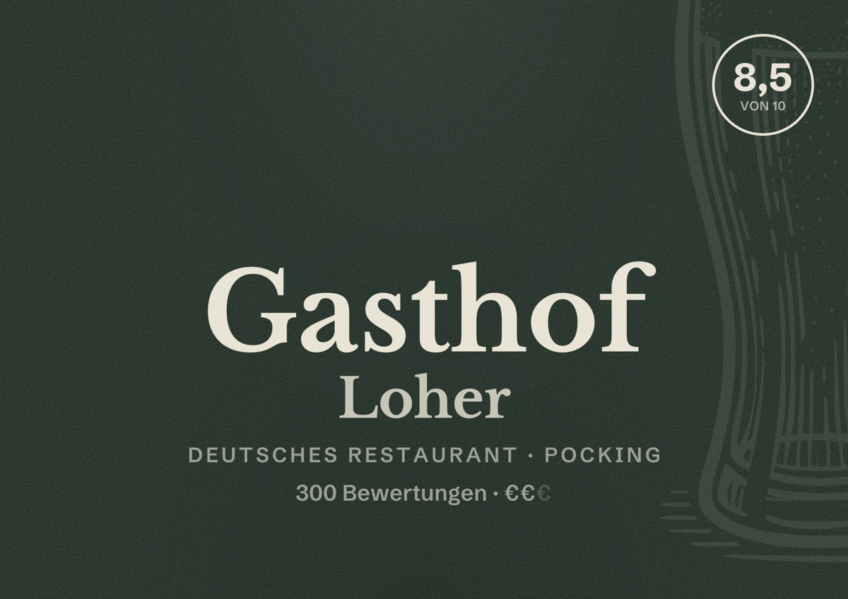 Illustriertes Poster von Gasthof Loher, Deutsches Restaurant in Pocking: Bewertung 8,5 von 10 aus 300 Bewertungen, Preisniveau €€