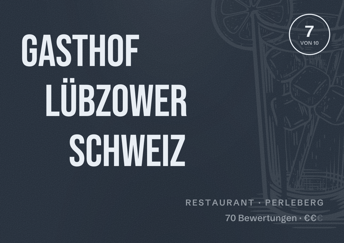 Illustriertes Poster von Gasthof Lübzower Schweiz, Restaurant in Perleberg: Bewertung 7 von 10 aus 70 Bewertungen, Preisniveau €€
