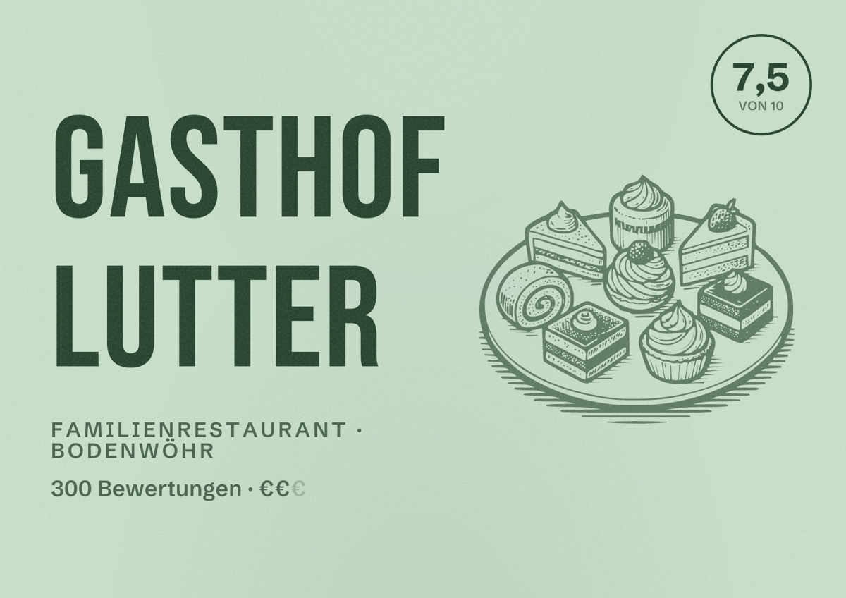 Illustriertes Poster von Gasthof Lutter, Familienrestaurant in Bodenwöhr: Bewertung 7,5 von 10 aus 300 Bewertungen, Preisniveau €€