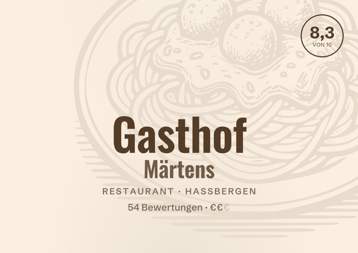 Illustriertes Poster von Gasthof Märtens, Restaurant in Haßbergen: Bewertung 8,3 von 10 aus 54 Bewertungen, Preisniveau €€