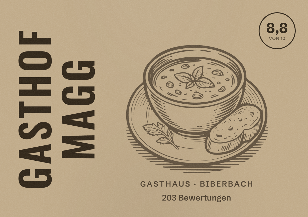 Illustriertes Poster von Gasthof Magg, Gasthaus in Biberbach: Bewertung 8,8 von 10 aus 203 Bewertungen