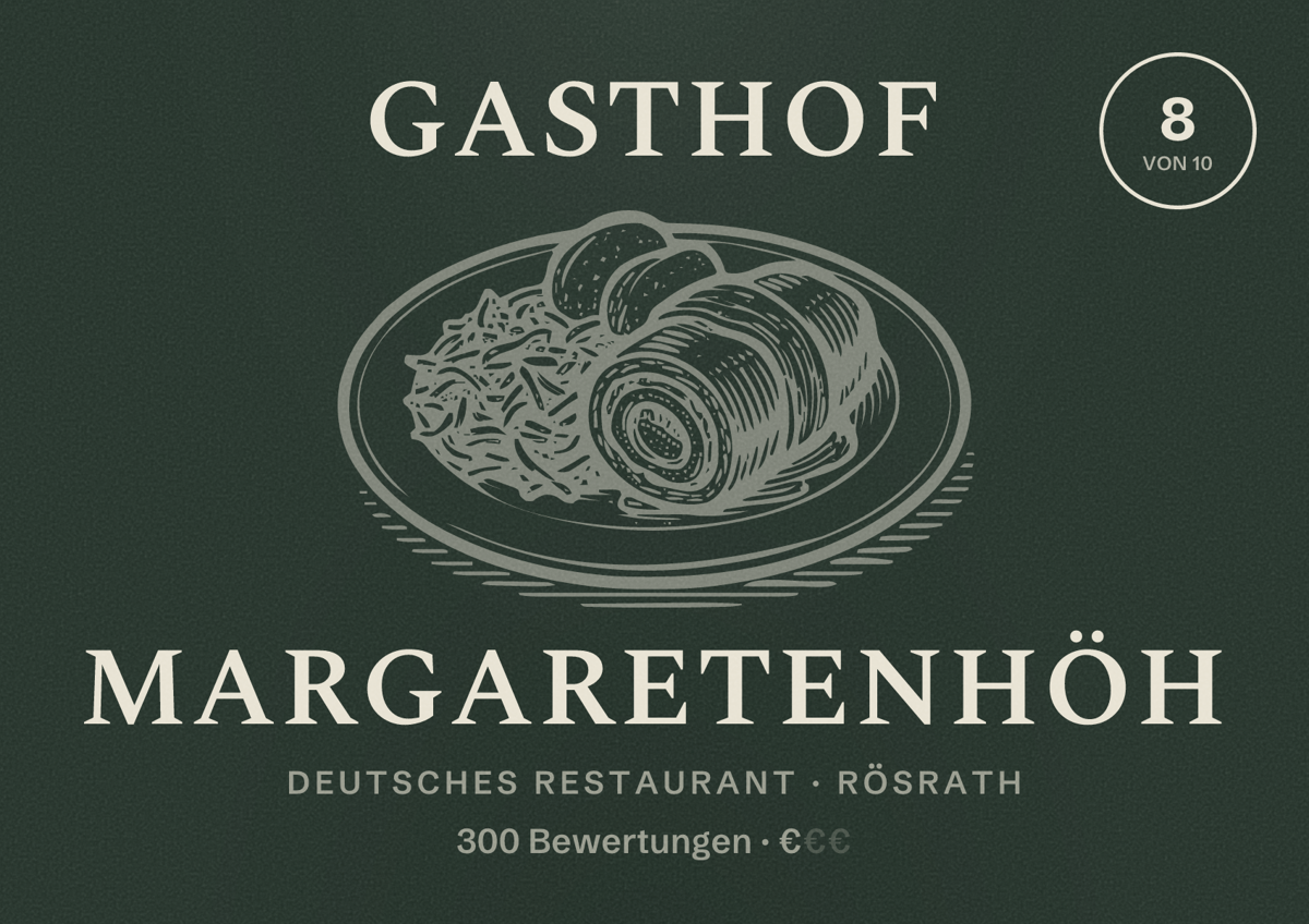 Illustriertes Poster von Gasthof Margaretenhöh, Deutsches Restaurant in Rösrath: Bewertung 8 von 10 aus 300 Bewertungen, Preisniveau €