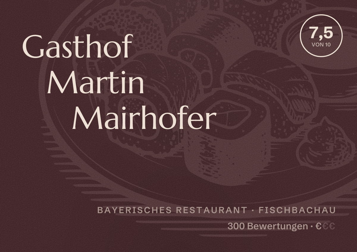 Illustriertes Poster von Gasthof Martin Mairhofer, Bayerisches Restaurant in Fischbachau: Bewertung 7,5 von 10 aus 300 Bewertungen, Preisniveau €