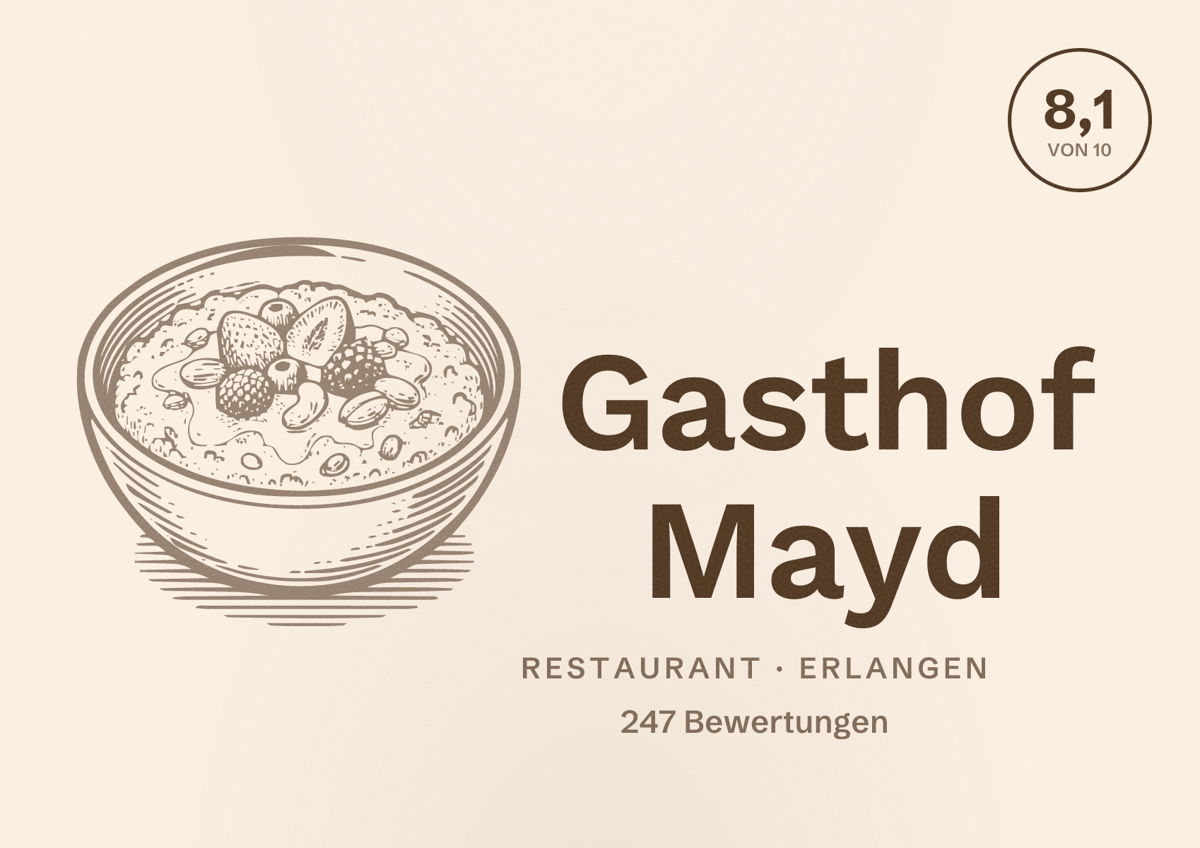 Illustriertes Poster von Gasthof Mayd, Restaurant in Erlangen: Bewertung 8,1 von 10 aus 247 Bewertungen