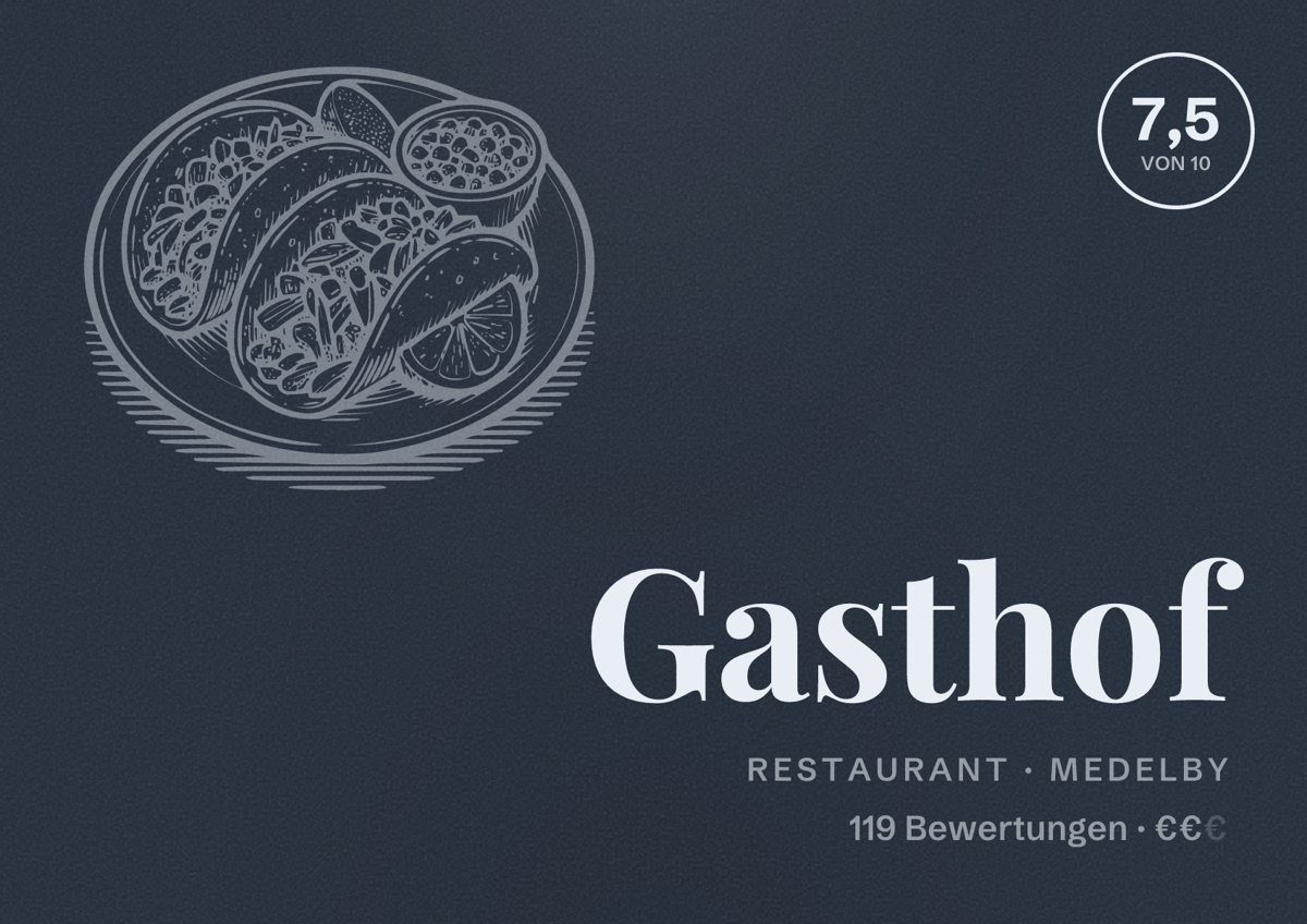 Illustriertes Poster von Gasthof, Restaurant in Medelby: Bewertung 7,5 von 10 aus 119 Bewertungen, Preisniveau €€